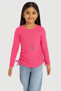 Little Girls Ribbed Knit Top with Removable Bear Necklace, Pink, Size 5-6