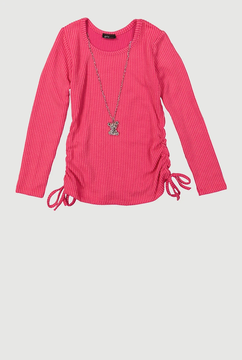 Little Girls Ribbed Knit Top with Removable Bear Necklace, Pink, Size 5-6