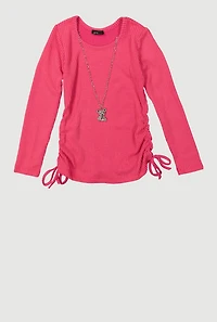 Little Girls Ribbed Knit Top with Removable Bear Necklace, Pink, Size 5-6