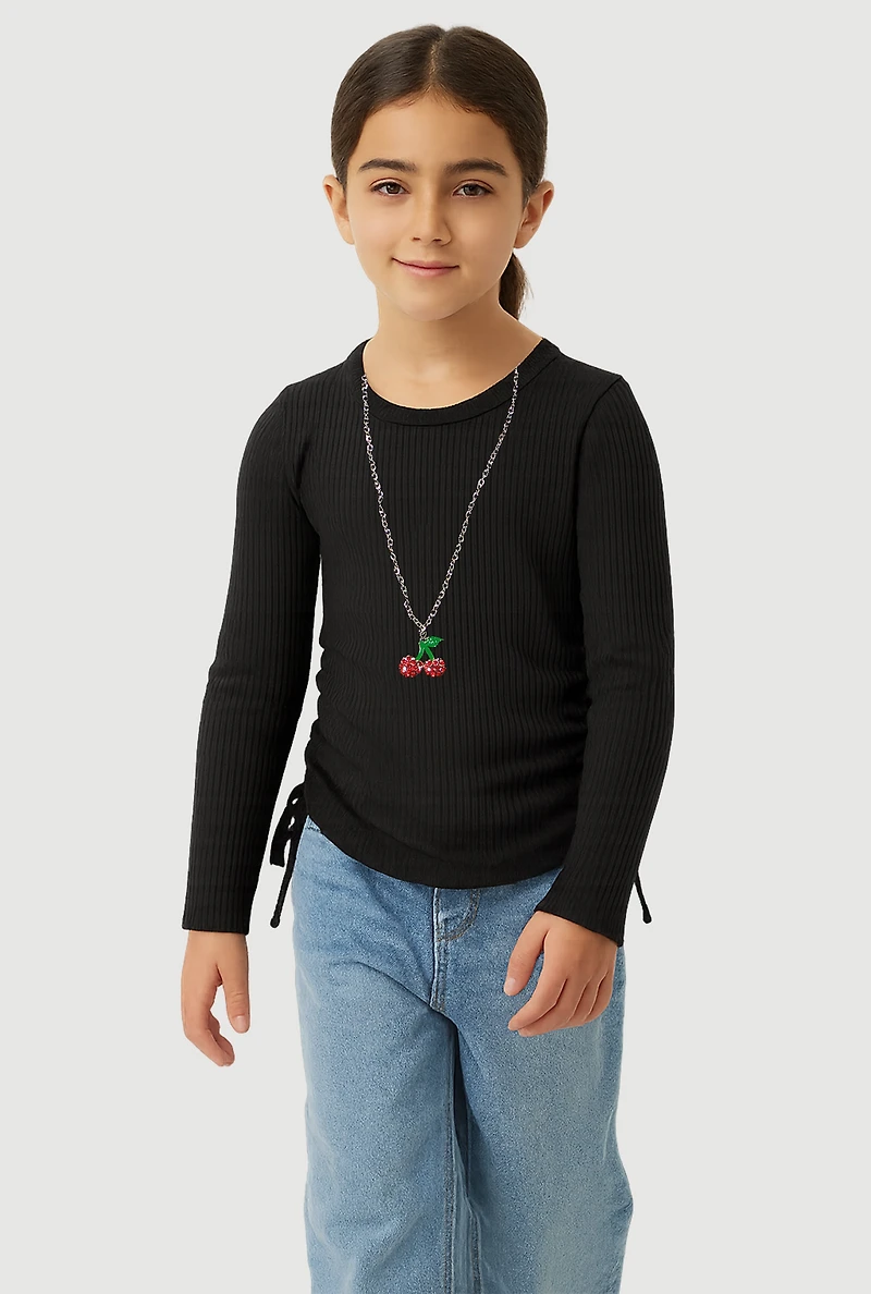 Little Girls Ribbed Knit Top with Removable Cherry Necklace, Black, Size 5-6