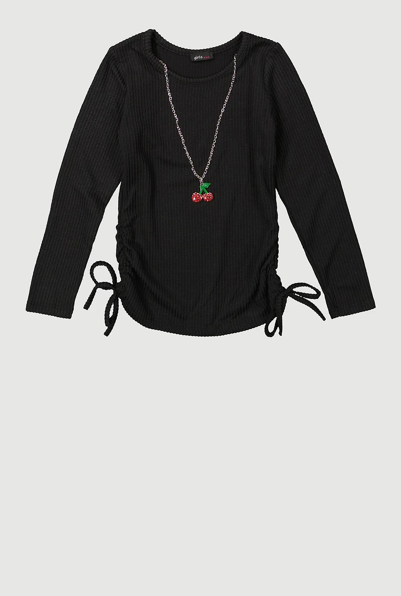 Little Girls Ribbed Knit Top with Removable Cherry Necklace, Black, Size 5-6