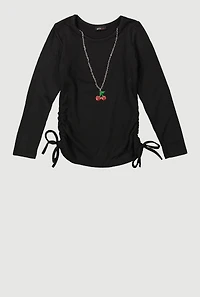 Little Girls Ribbed Knit Top with Removable Cherry Necklace, Black, Size 5-6