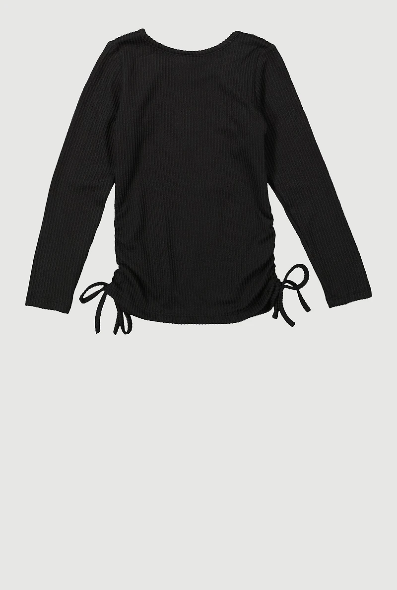 Little Girls Ribbed Knit Top with Removable Cherry Necklace, Black, Size 5-6