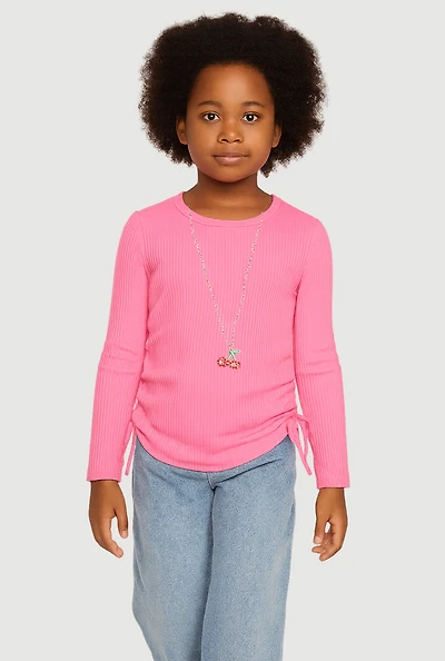 Little Girls Ribbed Knit Top with Removable Cherry Necklace, Pink, Size 6X
