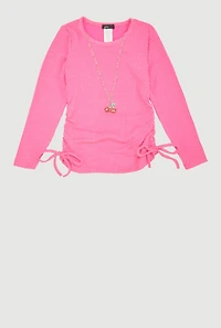 Little Girls Ribbed Knit Top with Removable Cherry Necklace, Pink,