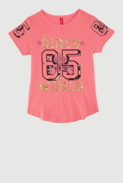 Little Girls Sequin Girls Run The World 85 Graphic Tee, Pink, Size 4