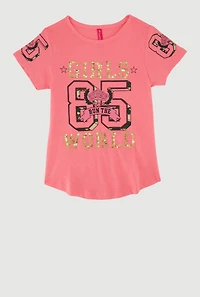 Little Girls Sequin Run The World 85 Graphic Tee, Pink,