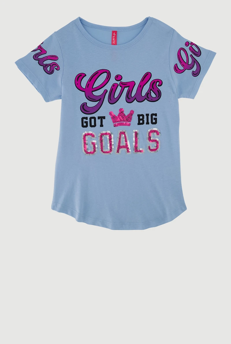 Little Girls Sequin Girls Got Big Goals Graphic Tee, Blue, Size 6X