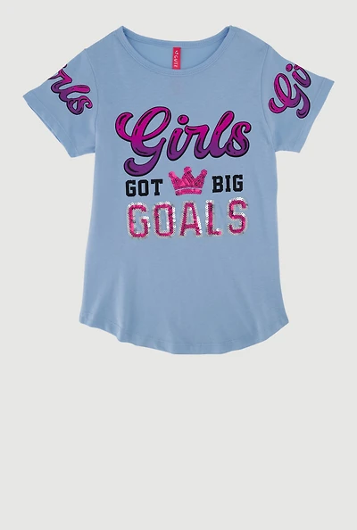 Little Girls Sequin Girls Got Big Goals Graphic Tee, Blue, Size 6X