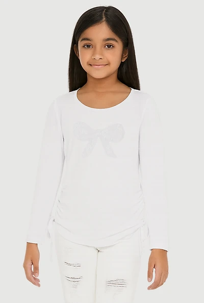 Little Girls Long Sleeve Bow Patch Graphic Tee, White, Size 6X