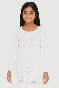 Little Girls Long Sleeve Bow Patch Graphic Tee, White, Size 6X