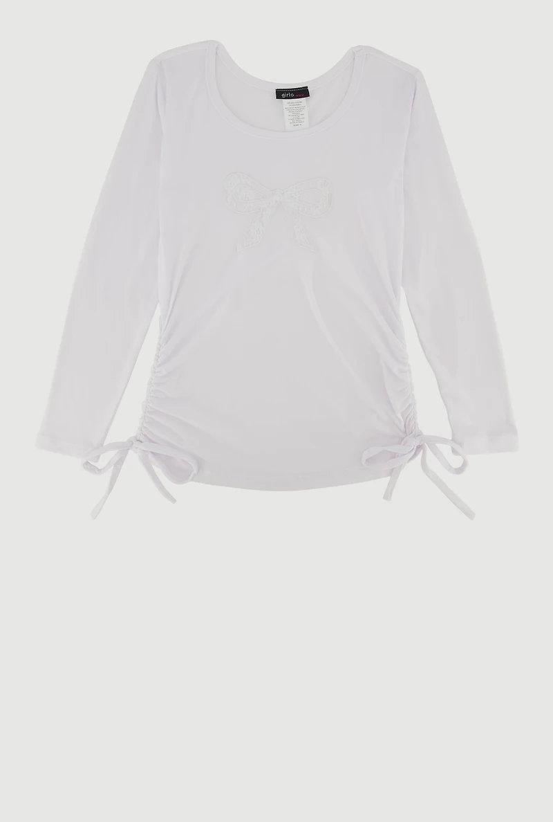 Little Girls Long Sleeve Bow Patch Graphic Tee, White, Size 5-6