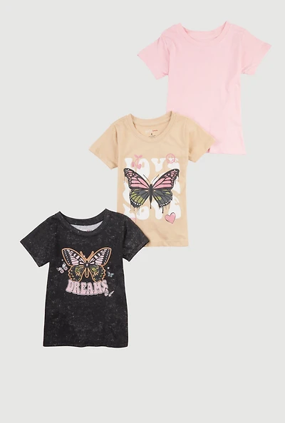 Girls Trendy Glitter Butterfly Graphic Tees 3 Pack, Multi, Size 5-6