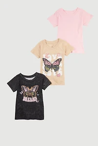 Girls Trendy Glitter Butterfly Graphic Tees 3 Pack, Multi, Size 5-6