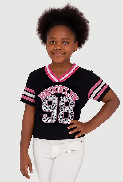 Girls Varsity Stripe Graphic Print Football Jersey, Black, Size 7-8