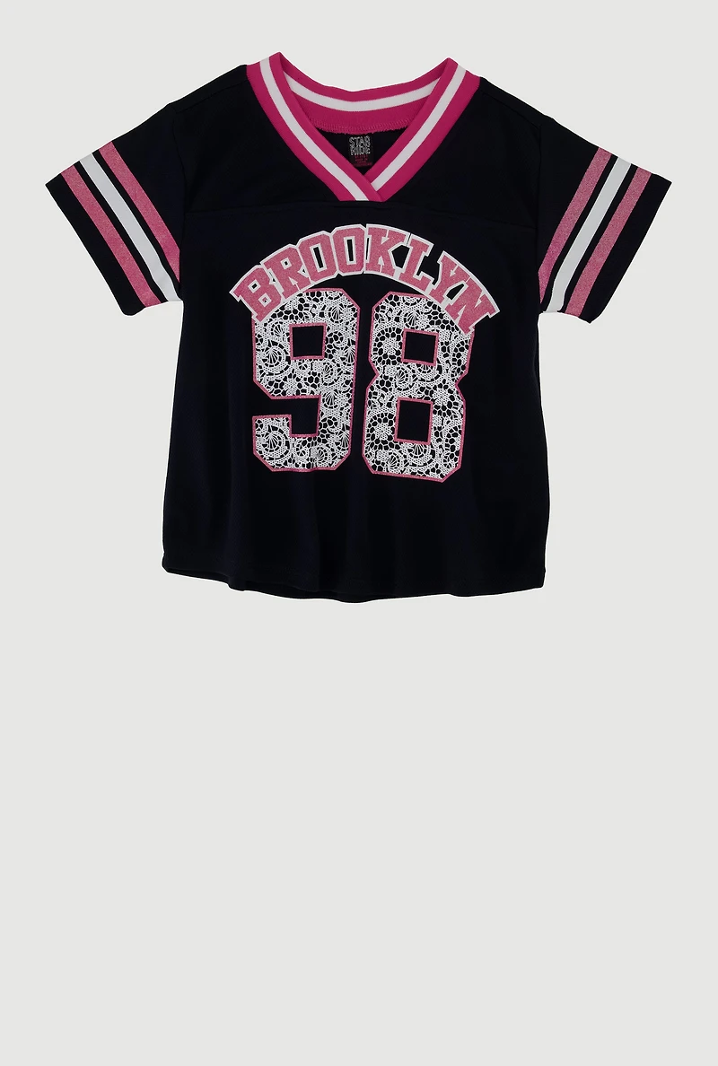 Girls Varsity Stripe Graphic Print Football Jersey, Black, Size 7-8