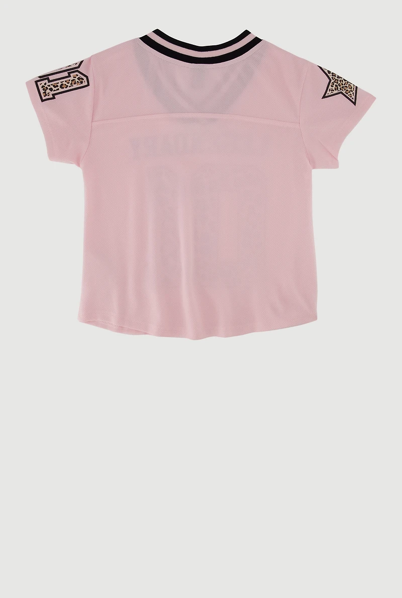 Girls Varsity Stripe Graphic Print Football Jersey, Pink, Size 7-8
