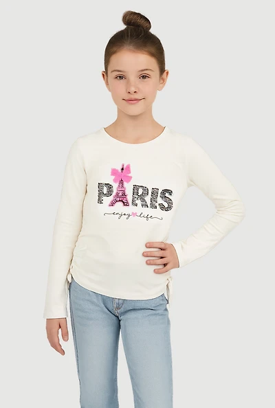 Girls Side Ruched Long Sleeve Sequin Graphic Tee, White, Size 10-12