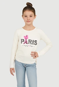 Girls Side Ruched Long Sleeve Sequin Graphic Tee, White, Size 10-12