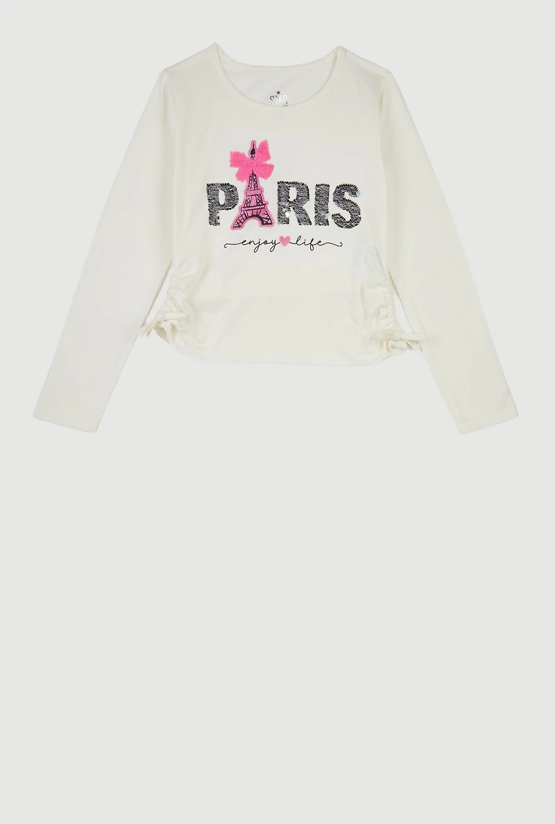 Girls Side Ruched Long Sleeve Sequin Graphic Tee, White, Size 7-8