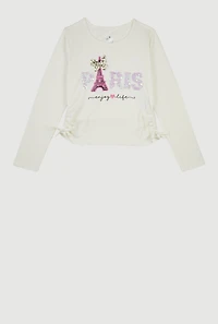 Girls Side Ruched Long Sleeve Sequin Graphic Tee, White, Size 10-12
