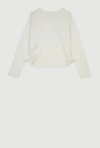 Girls Side Ruched Long Sleeve Sequin Graphic Tee, White, Size 10-12