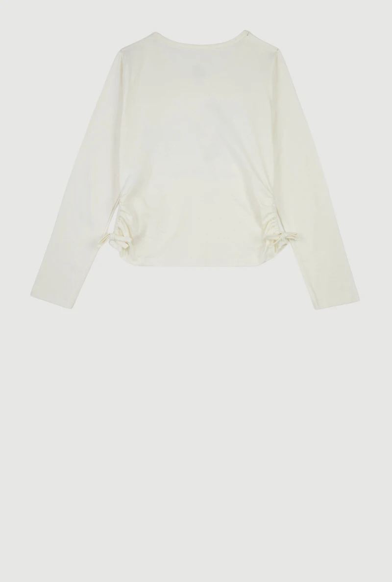 Girls Side Ruched Long Sleeve Sequin Graphic Tee, White, Size 7-8