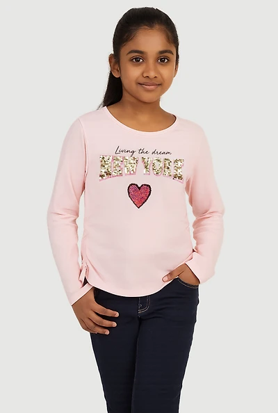 Girls Side Ruched Long Sleeve Sequin Graphic Tee,