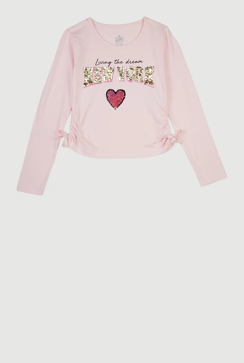 Girls Side Ruched Long Sleeve Sequin Graphic Tee,
