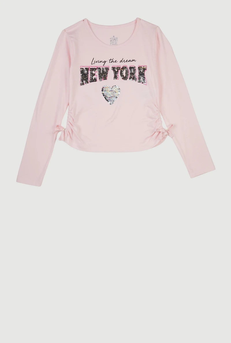 Girls Side Ruched Long Sleeve Sequin Graphic Tee,