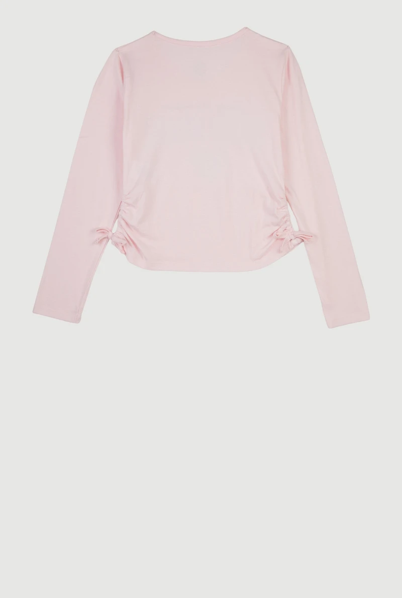 Girls Side Ruched Long Sleeve Sequin Graphic Tee,