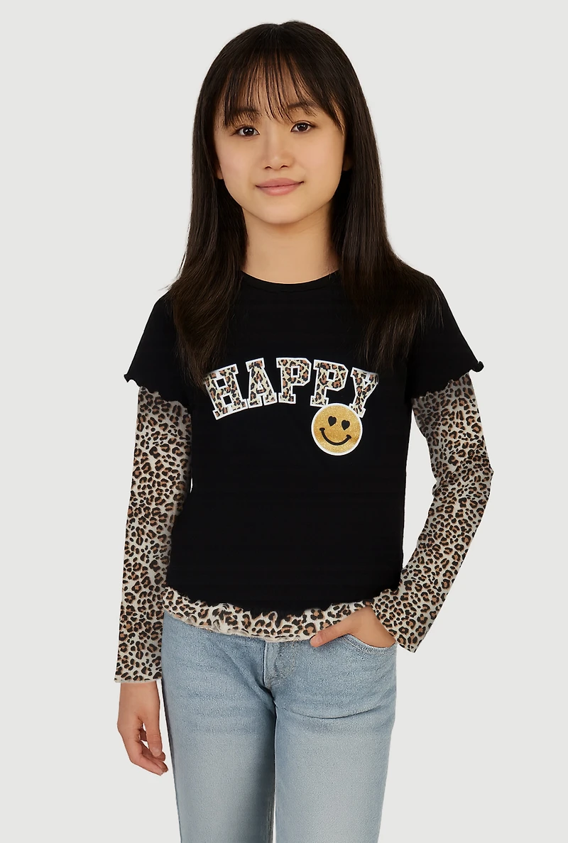 Girls Lettuce Trim Double Sleeve Graphic Tee