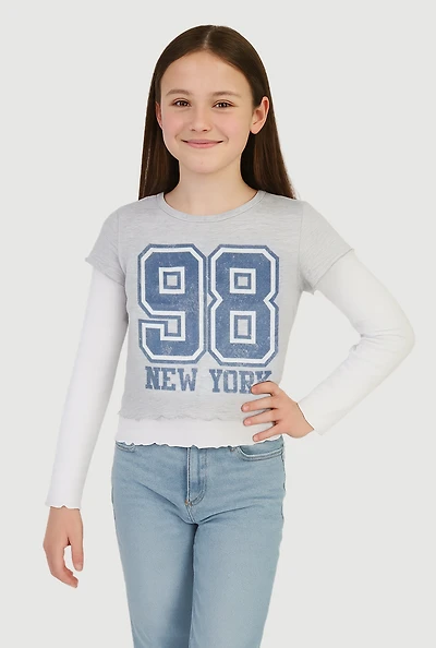 Girls Lettuce Trim Double Sleeve Graphic Tee,