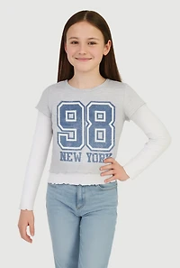 Girls Lettuce Trim Double Sleeve Graphic Tee