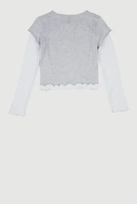 Girls Lettuce Trim Double Sleeve Graphic Tee,