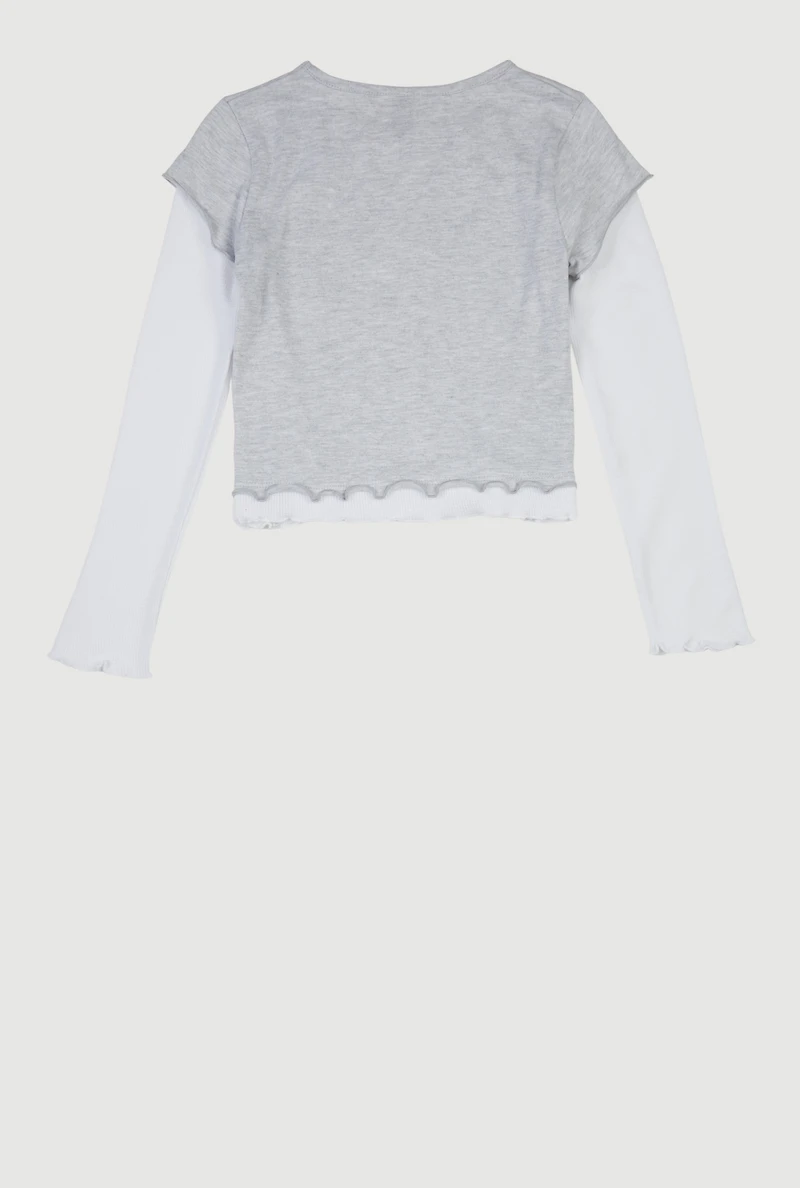 Girls Lettuce Trim Double Sleeve Graphic Tee, Grey, Size 10-12