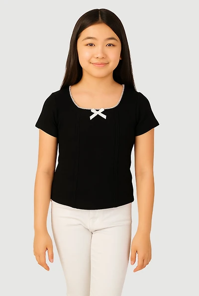 Girls Ribbed Knit Lace Detail Square Neck T-Shirt, Black, Size 14-16