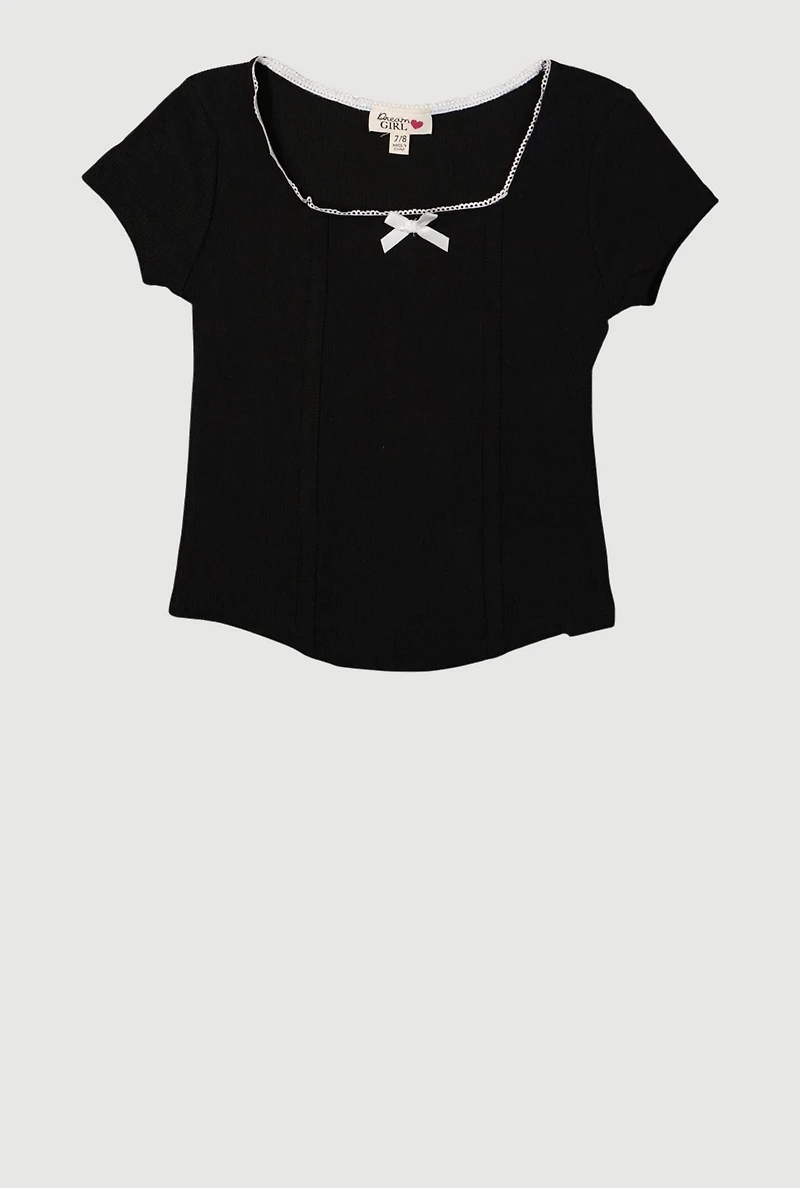 Girls Ribbed Knit Lace Detail Square Neck T-Shirt, Black, Size 14-16