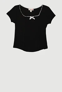 Girls Ribbed Knit Lace Detail Square Neck T-Shirt, Black, Size 14-16