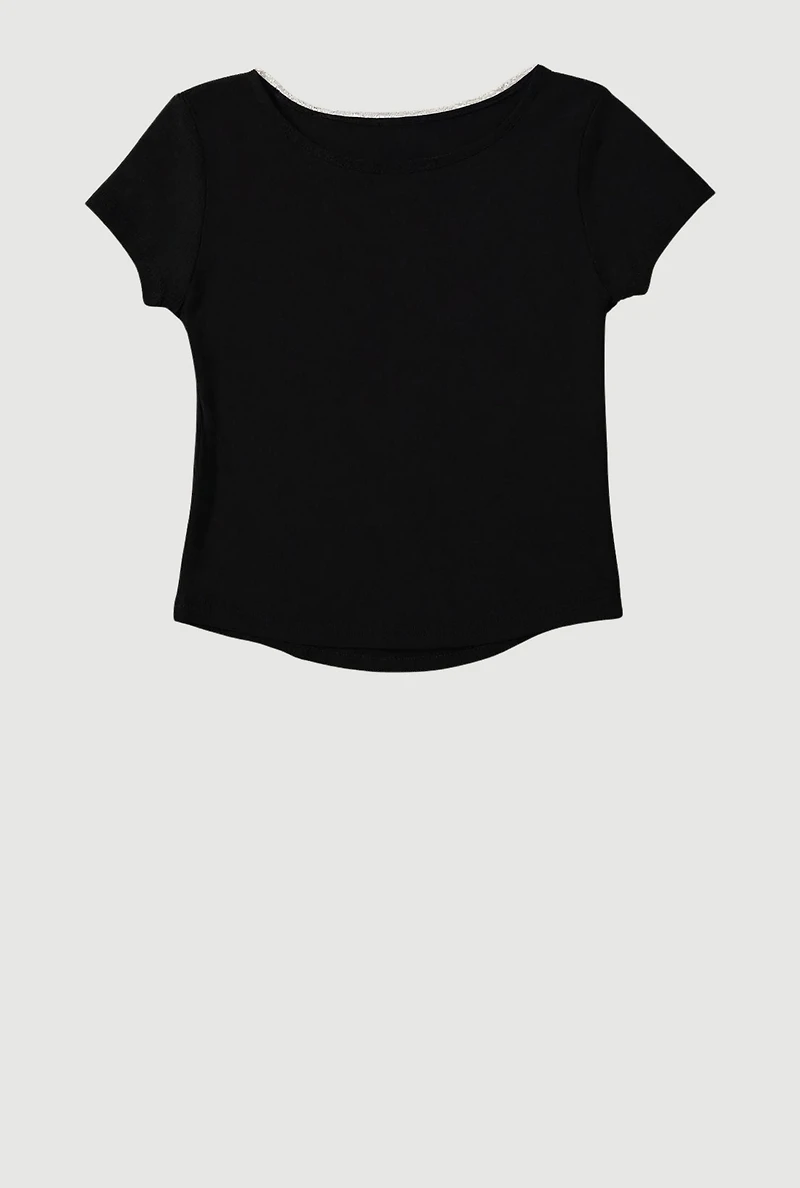 Girls Ribbed Knit Lace Detail Square Neck T-Shirt, Black, Size 14-16