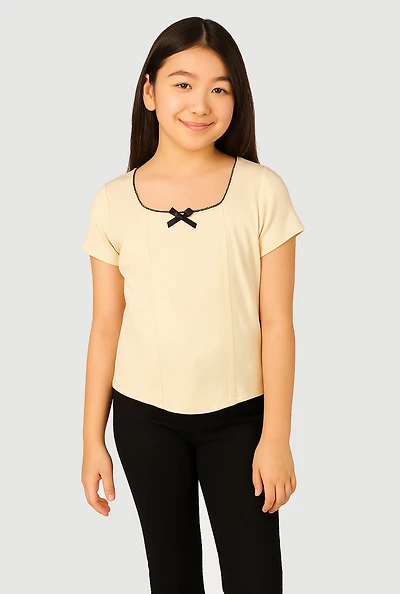 Girls Ribbed Knit Lace Detail Square Neck T-Shirt,