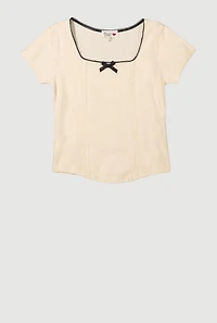 Girls Ribbed Knit Lace Detail Square Neck T-Shirt,