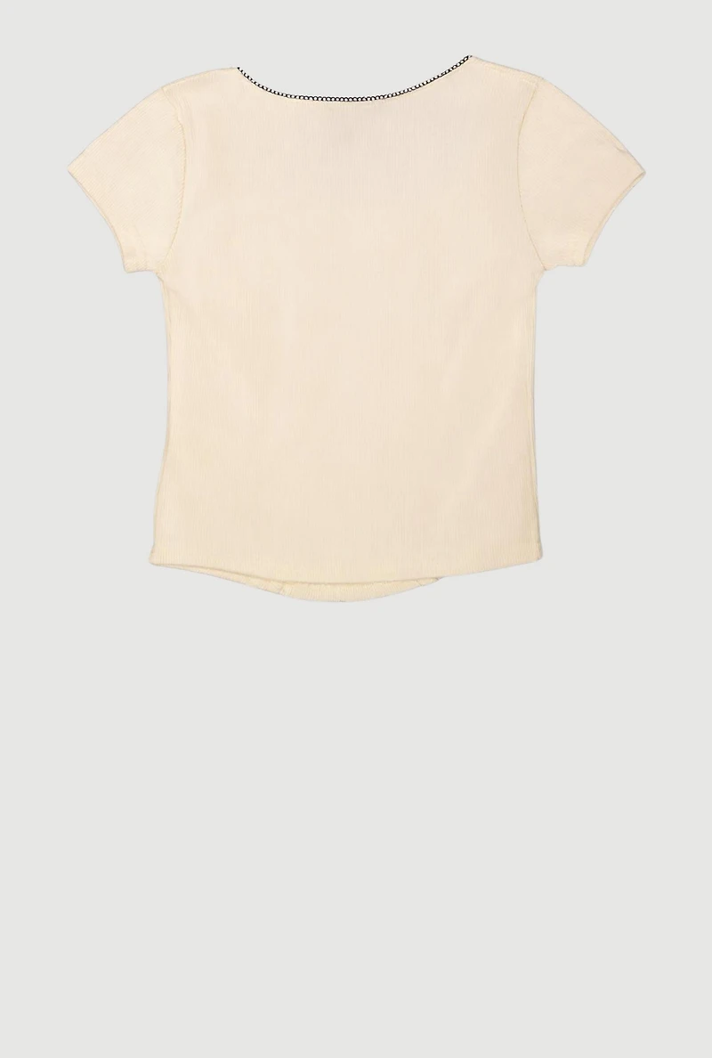 Girls Ribbed Knit Lace Detail Square Neck T-Shirt,