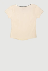 Girls Ribbed Knit Lace Detail Square Neck T-Shirt,