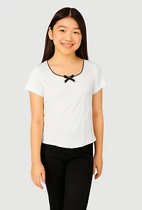 Girls Ribbed Knit Lace Detail Square Neck T-Shirt, White,