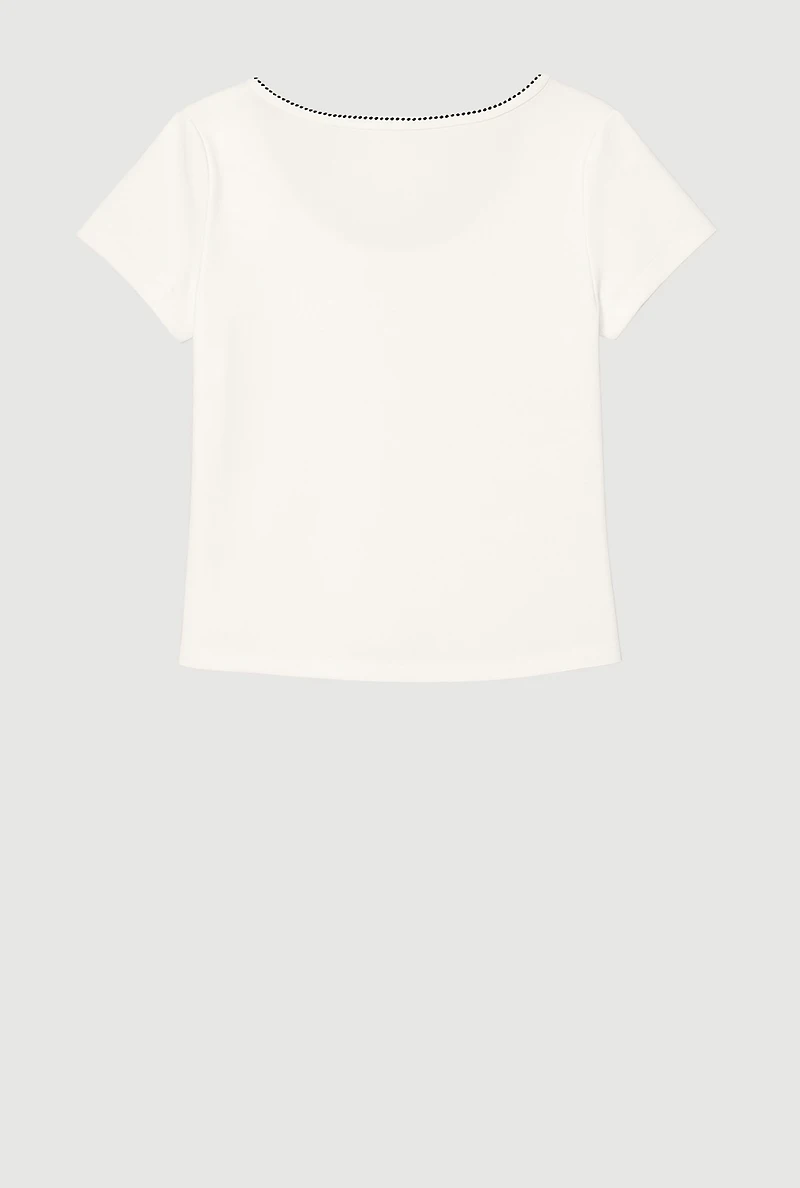 Girls Ribbed Knit Lace Detail Square Neck T-Shirt, White,