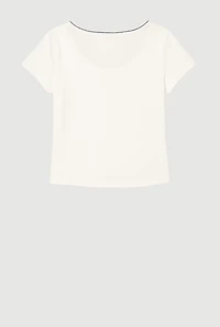 Girls Ribbed Knit Lace Detail Square Neck T-Shirt, White,