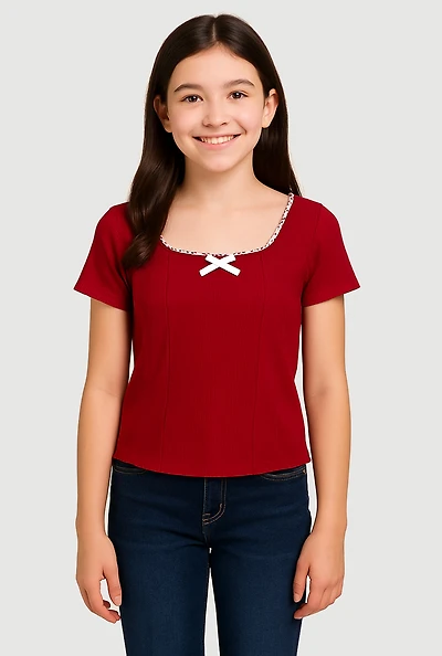 Girls Ribbed Knit Lace Detail Square Neck T-Shirt, Burgundy, Size 7-8