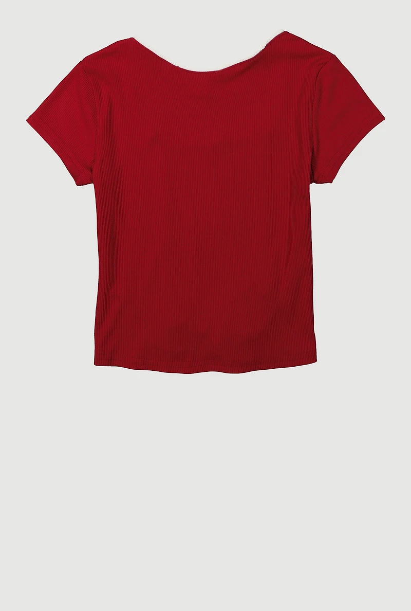 Girls Ribbed Knit Lace Detail Square Neck T-Shirt, Burgundy, Size 7-8