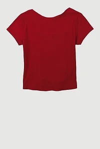 Girls Ribbed Knit Lace Detail Square Neck T-Shirt, Burgundy, Size 7-8